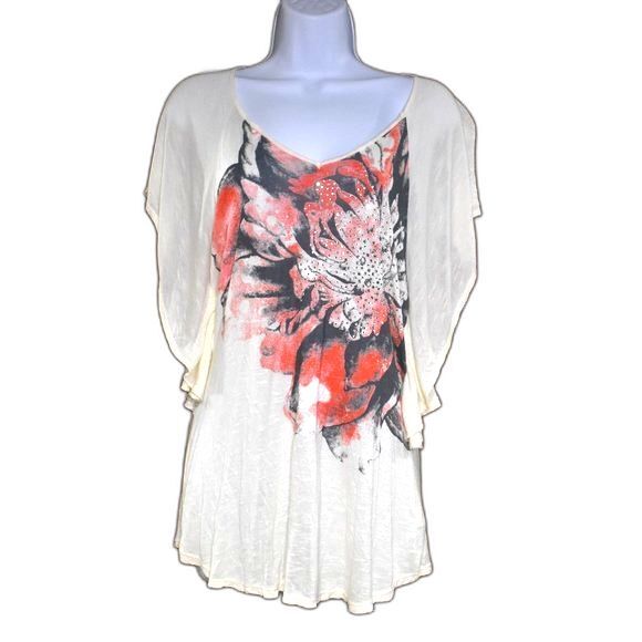 Romeo & Juliet Couture Tops - Womens Floral Blouse Size Small Semi Sheer Bat Wing Short Sleeve Shirt